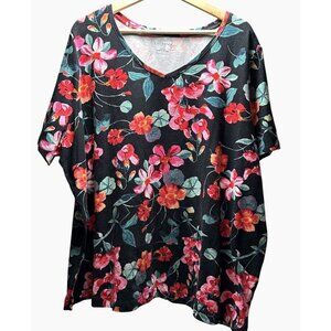 Catherines Petite Black Floral Pull Over Blouse V Neck Flowy Comfort Size 2X‎ WP